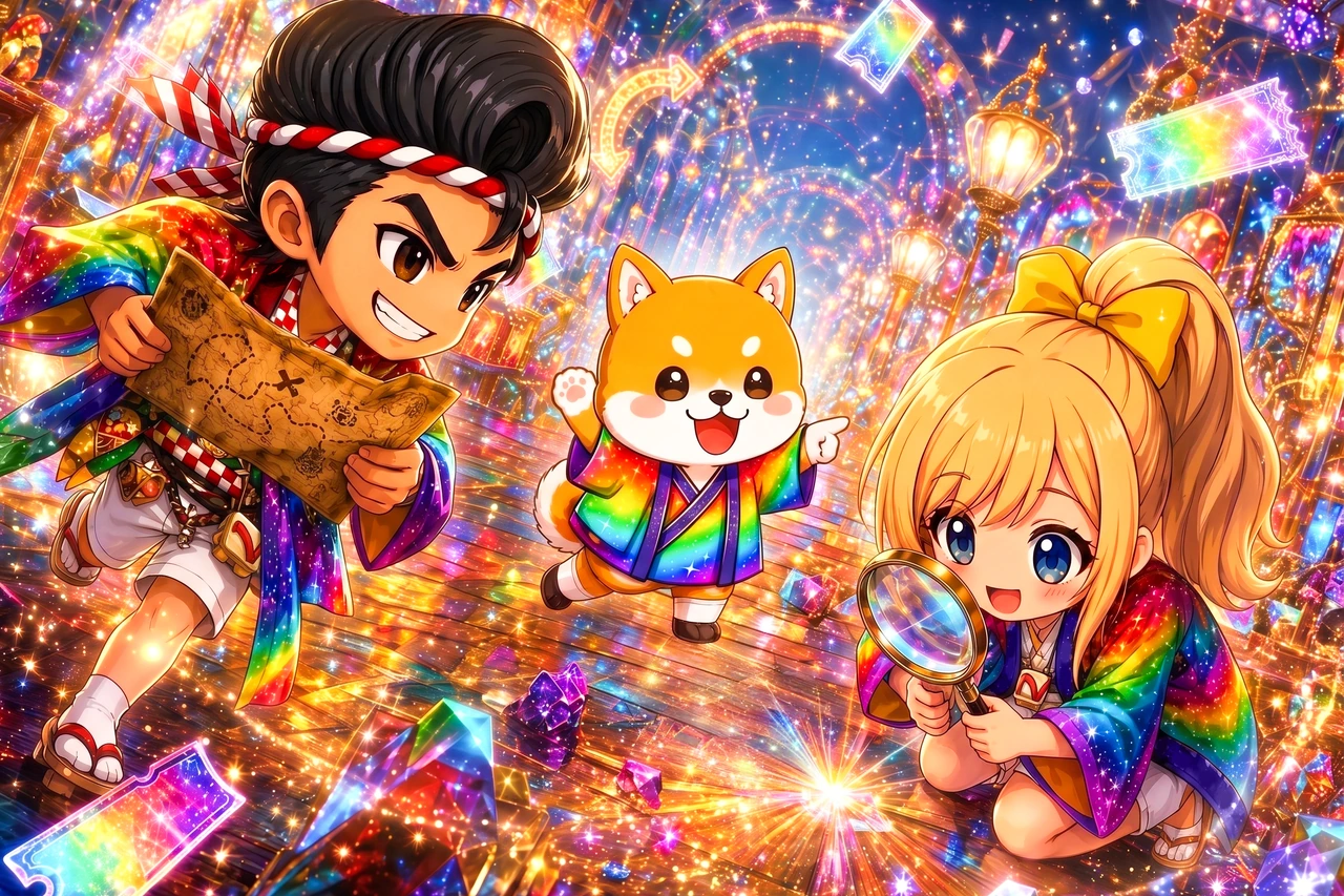 勝男くん、あむちゃん、ラッキーくんがゲリラクーポンを探すイメージ