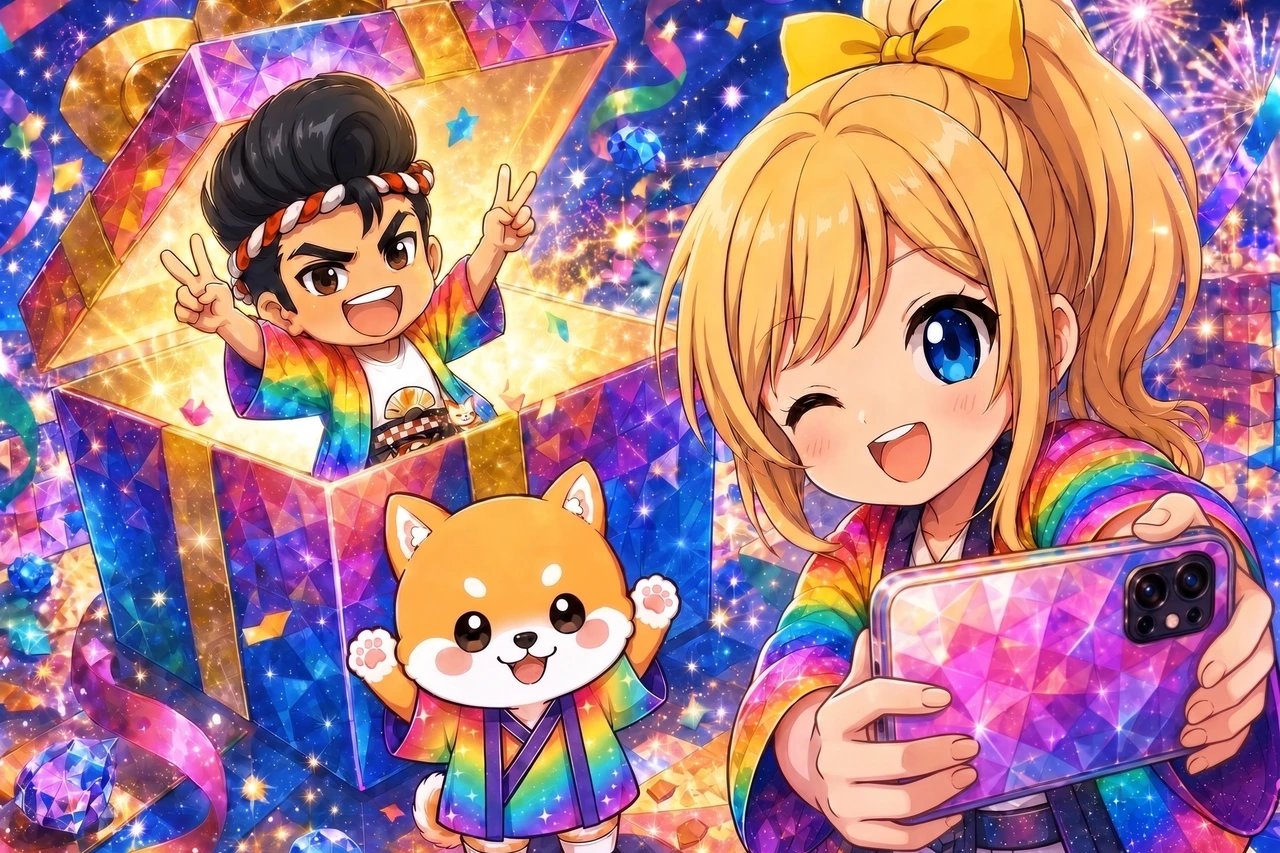 勝男くん、あむちゃん、ラッキーくんと豪華なプレゼントボックス